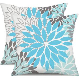 DFXSZ Sky Blue Flower Pillow Covers 16x16 Inch Set of 2 White Gray Colored Throw Pillows Outdoor Waterproof Decor for Living Room Sofa Patio Furniture Garden Floral Polyester Pillow Covers 002M16