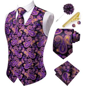 Hi-Tie Mens Suit Vest and Tie Set V-Neck Silk Paisley Formal Waistcoat Necktie Pocket Square Set for Wedding (Medium, Purple and Black)
