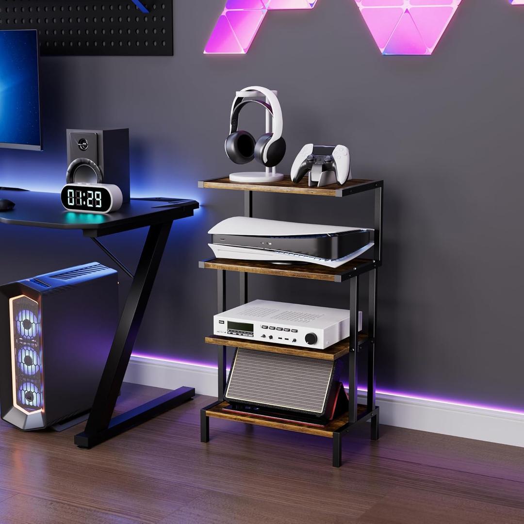 Aquzee Game Console Stands, 4-Tier AV Media Shelf, Stereo Stand, Wood Gaming Entertainment Center Rack for Audio Video Games DVD Player Organizer Storage Shelves fit Small Space (Regular model (standard), Brown)