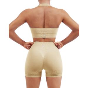 SUUKSESS Women Seamless Ribbed Workout Set Backless Sports Bra Booty Biker Short (Large, Beige)