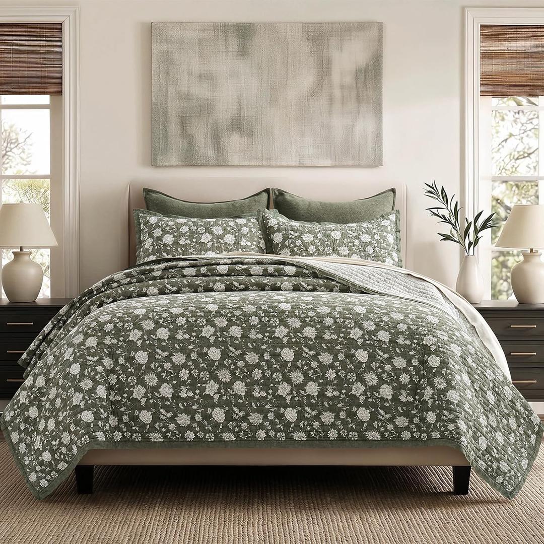 EverGrace Cotton Quilt Set Queen Size, 100% Cotton Reversible Lightweight Bedspread Coverlet, Vintage Floral Farmhouse Bedding, Traditional Botanical Quilt with 2 Pillow Shams, Sage Green 92"96"
