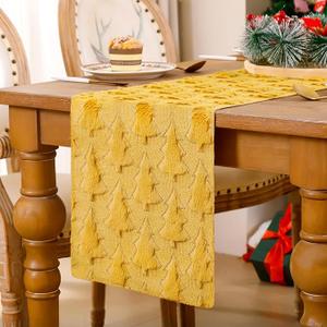 EMMTEEY Christmas Table Runner with Festive Christmas Tree Design | Soft Plush Faux Fur, Heat & Scratch Resistant, Holiday Decor for Home Party Dining Table (13x72 Inch, Ginger)