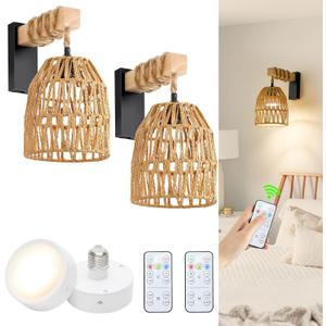 Battery Operated Wall Sconce, Boho Battery Wall Sconces Set of 2, Rattan Farmhouse Wall Lamp with Remote Control, Dimmable Wireless Wall Light for Bedroom, Living Room, Entryway