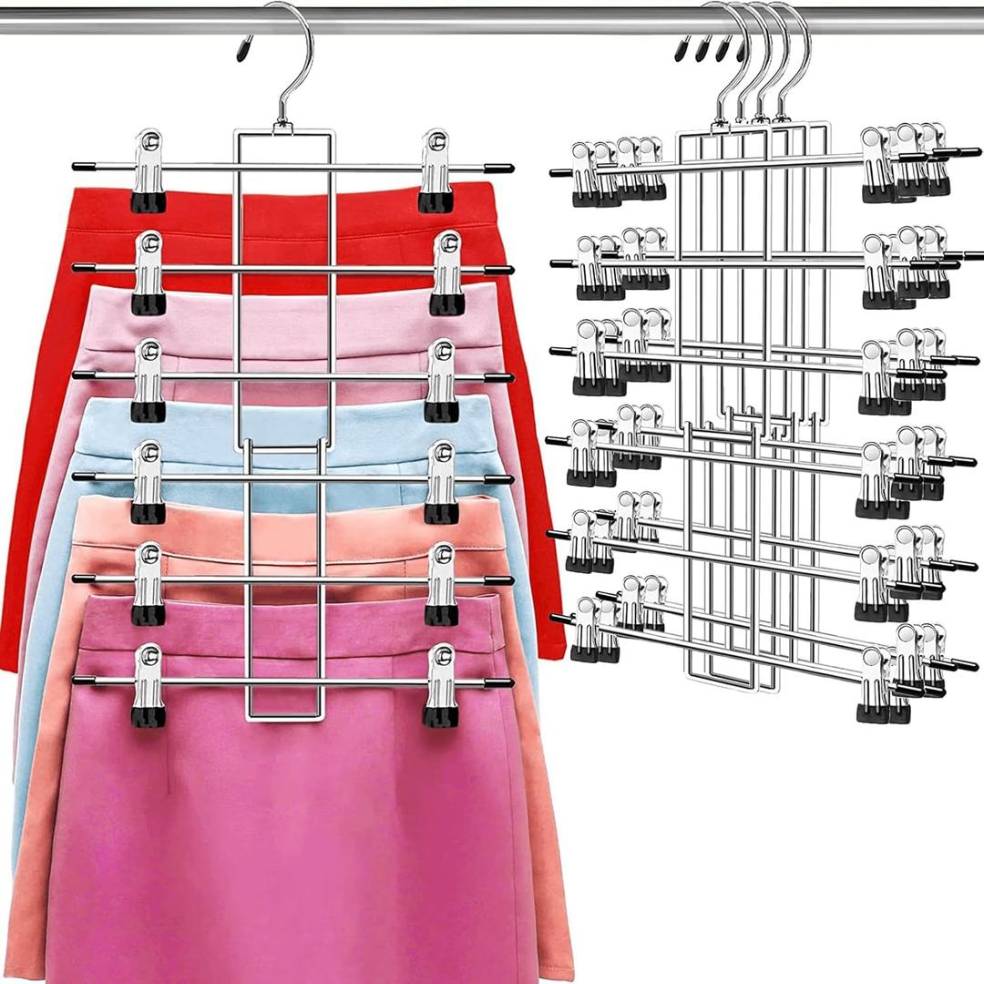 Pants Hangers with Clips, Space Saving Hanging Closet Organizer-6 Tiers Skirt Hangers with 360 Swivel Hook, Closet Organizer-Clothes Hangers- College Dorm Essentials Apartment Essentials- 4 Pack
