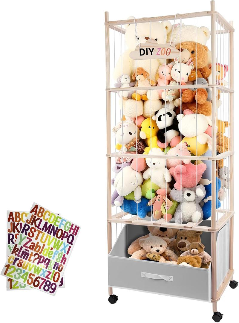 Stuffed Animal Storage, 64" Super Large Plush Toy Organizer with Wheels, Wooden Stuffed Animal Holder with Removable Bin, Zoo Plushies Storage for Bedroom/Playroom/Living Room (White)