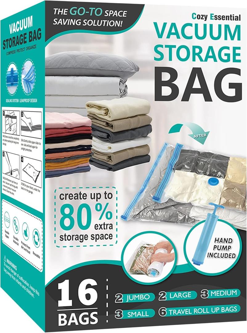 Cozy Essential Vacuum Storage Bags, 80% Compression Vacuum Seal Space Saver Plastic Packaging Bags for Clothes, Blankets, Pillow, Bedding, Comforters, Sealer Clothing Storage,16 Combo