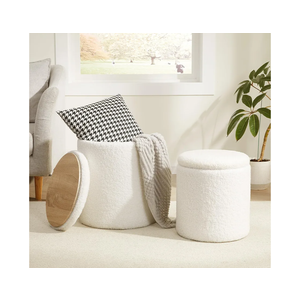 Royal Windsor Boucle Round Ottoman with Storage Set of 2,Small Foot Stool Ottoman for Living Room, Small Coffee Table,Vanity Stool with Storage for Bedroom, White