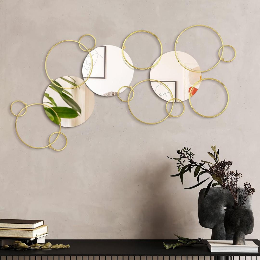 Hicarer 9 Pcs Split Decorative Wall Mirror Modern Metal Wall Decor DIY Wall Mirrors for Living Room Decor Circle Plates Overlapping Decorations Wall Decor Set for Hallway Entryway (Gold)