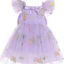 ODASDO Kids Tutu Tulle Floral Embroidery Princess Dress Birthday Party Outfit Flower Girls Wedding Guest Pageant Graduation Dress Child Summer Puffy Knee Length Dresses Photoshoot Lavender 9-10 Years