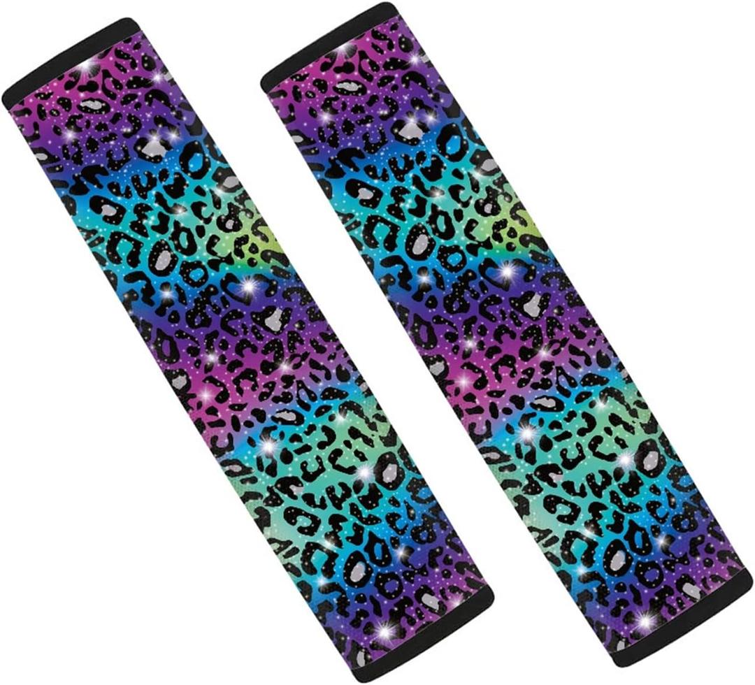 Coldinair 2 Pack Rainbow Leopard Print Car Seat Belt Pads Seatbelt Covers Soft Comfortable Seat Belt Shoulder Strap Covers Pads