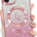 Bonoma Compatible with iPhone 16 Case Support for MagSafe, Plating Heart Glitter Magnetic 2* Screen Protector TPU Camera Protection Back Cover for Girls Women -Pink