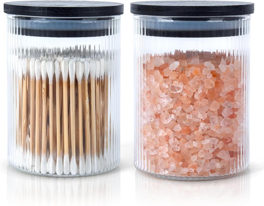 BKYFPQ 2 Pack Ribbed Glass Qtip Holder Dispenser Set - Apothecary Jars with Lids - Bathroom Canister Storage Organizer and Vanity Makeup Organizer for Cotton Ball, Cotton Swab, Cotton Round Pads,Floss
