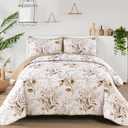 Aninbedding Floral King Quilt Set,Brown Botanical Bedspread Coverlet Set with 2 Pillowcases,Lightweight Soft Micorfiber Bedding Set for All Season(104"x90")