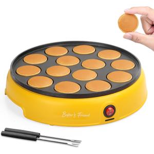 Baker's Friend Mini Pancakes Maker Machine, Dutch Mini Pancake Griddle, 14 Holes Electric Poffertjes Pan, Ideal for Breakfast, Snacks, Desserts & More, Yellow