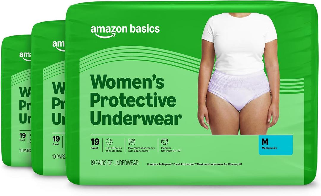 Amazon Basics Maximum Absorbency Incontinence Underwear for Women, Disposable Postpartum, Bladder Leak Protection, Odor Control, Soft, Medium, Lavender, 57 Count (3 Packs of 19)