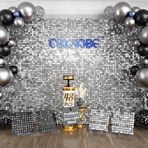 COKAOBE ProBlack Series Shimmer Wall Backdrop 48 Pcs, Silver Square Sequin Glitter Backdrop Panel, Black Back Not See-Through Design, Perfect for Birthday Graduation Wedding and Party Decoration