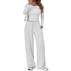 Trendy Queen Women's 2 Piece Matching Lounge Set Long Sleeve Side Ruching Top Wide Leg Drawstring Pants Set with Pockets S