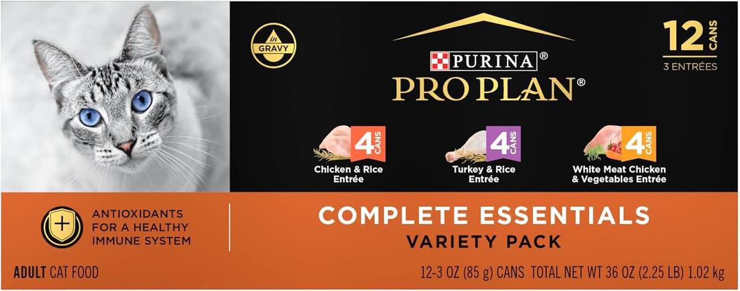 Purina Pro Plan Gravy, High Protein Wet Cat Food Variety Pack, Complete Essentials Chicken and Turkey Favorites - (2 Packs of 12) 3 oz. Cans (EXP 05/31/28)