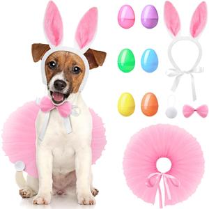 10 Pieces Dog Bunny Costume Set Include Dog Bunny Ears Tail Bowtie Dog Tutu Plastic Bright Easter Egg Fillable Plastic Easter Eggs Handcrafted Tutu Dog Costume for Easter Hunt Party Supplies