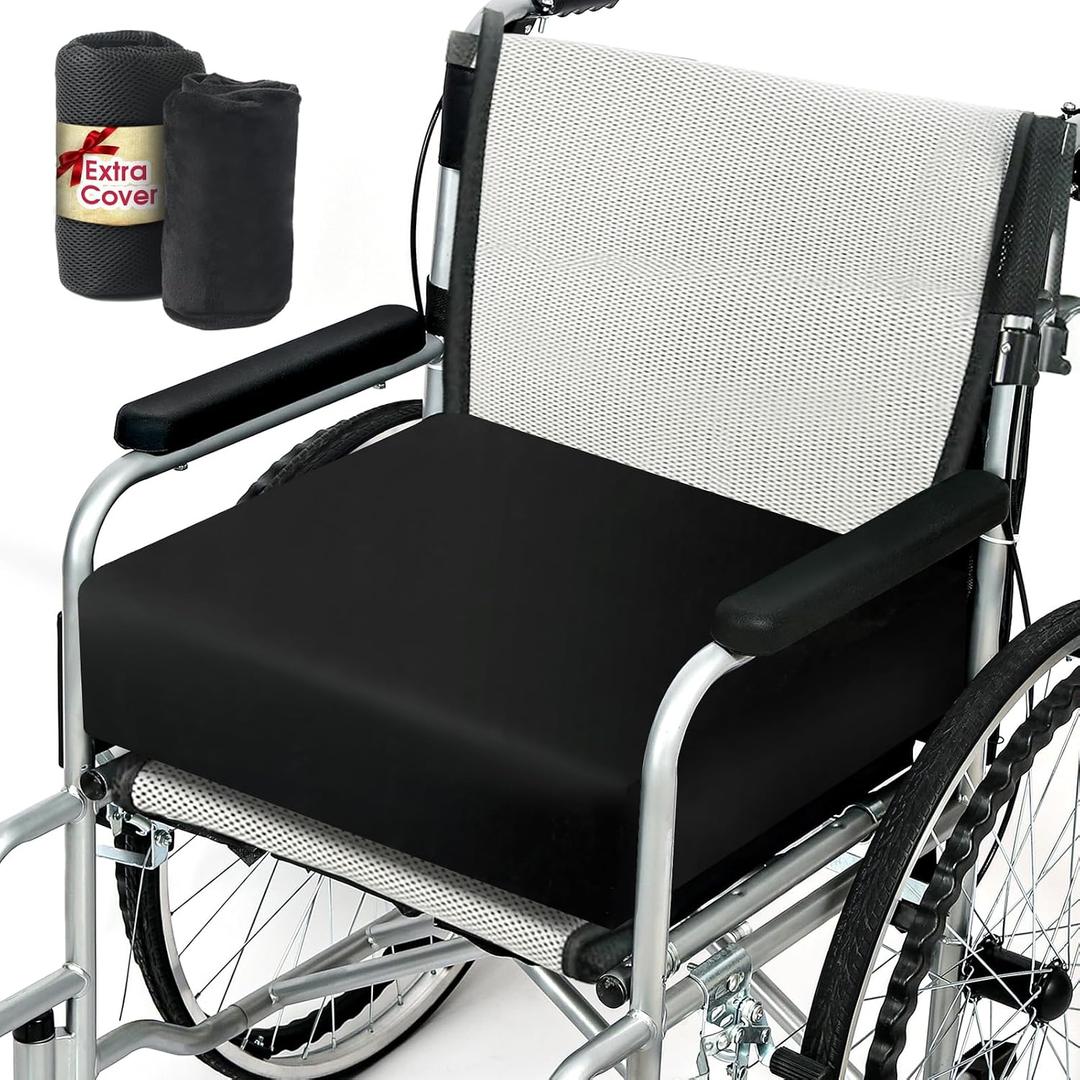 Large Wheelchair Cushion, Soft Velvet Cover, 4inch Thick Memory Foam, with a Extra Replacement Mesh Cover, Non-Slip Bottom, Pressure Sore Ulcer Pain Relief Seat Cushion, 18"16"4" (Black)