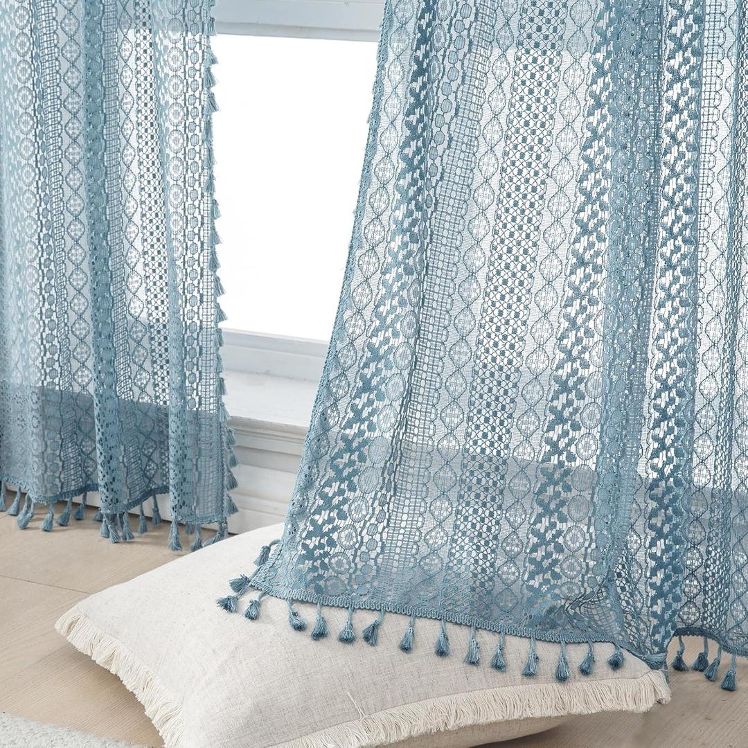 WAZZIO Light Blue Sheer Curtains 84 Inches Long 2 Panels with Rod Pocket Tassel Cotton Boho Crochet for Bedroom Living Room, Stone Blue