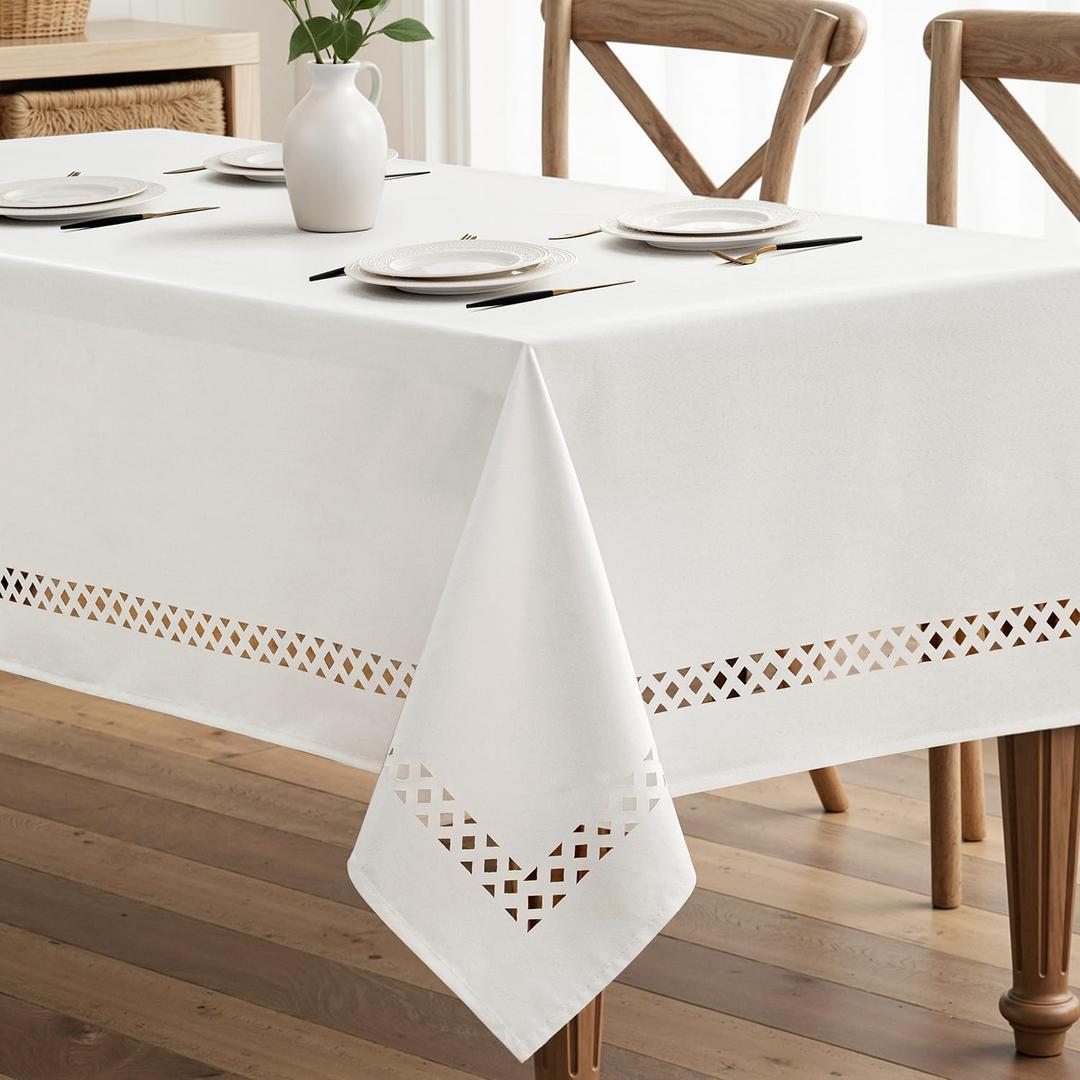 MIULEE White Rectangle Linen Polyester Tablecloth with Decorative Cutouts Spring Waterproof Stain Resistant & Shrink-Proof Table Cloth 60x84 inch Farmhouse Style for Dining and Outdoor Picnics