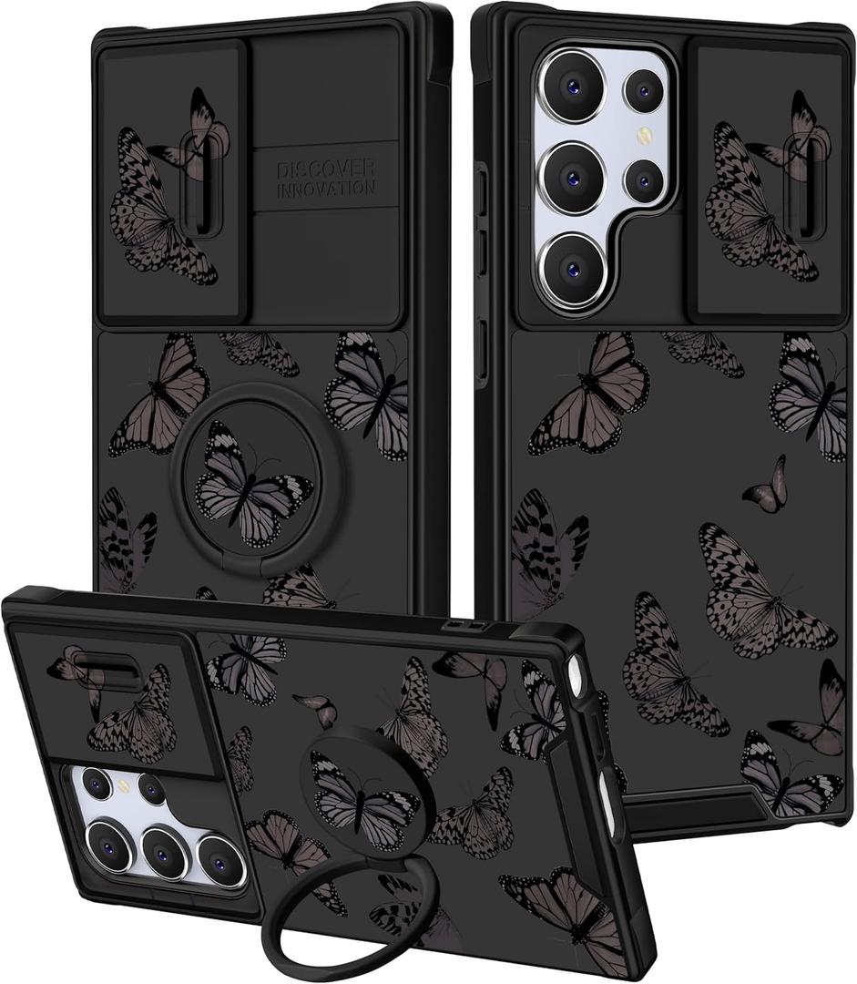 Funermei for Samsung Galaxy S25 Ultra Case - Women Girls Cute Phone Cover Pretty Girly Aesthetic Black Butterfly Unique Design with Camera Cover Ring Stand Funda for Samsung S25 Ultra Case