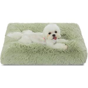 Bedfolks Waterproof Dog Crate Pad, Plush Dog Kennel Bed with Removable Cover, Faux Fur, Washable, 23"x18", Sage Green