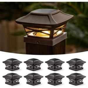 Wood Grain Solar Post Cap Lights, Dual-Core LED Fence Lights with Craftsman Design, 8 Pack Waterproof Outdoor Caps for 4x4 Wooden/Vinyl Post (Brown)