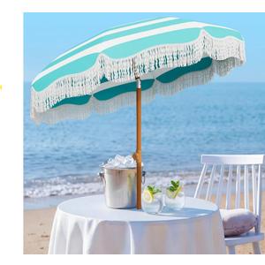 AreShark 7ft Patio Umbrella With Fringe, UPF50+ Beach Umbrella For Table, Pool &Amp; Garden, Portable Outdoor Tassels Umbrella W/Fiberglass Ribs;Push Bottom Tilt(Blue And White Stripe)
