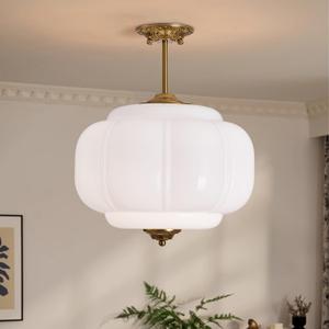 White Milk Glass Ceiling Light Fixture, 15" Vintage Pumpkin Pendant Light With Antique Brass Fixture, Mid Century Semi Flush Mount Pendant Light For Kitchen Island, Hallway, Bedroom, Dining Room