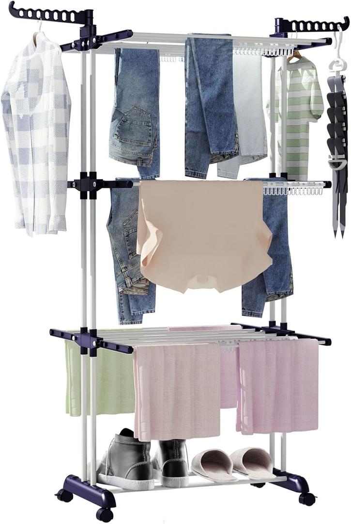 Clothes Drying Rack,Clothes Drying Rack Foldable,Drying Rack Clothing Folding,4-Tier Laundry Drying Rack for Clothes,Rolling Clothes Horses Dryer Rack,-Dark Blue
