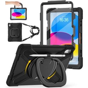 BATYUE Case for iPad (A16) 11th/10th Gen 11''/10.9'' 2025/2022 - Heavy Duty Shockproof Cover with 360° Rotating & 180° Folding Stand, Screen Protector, Shoulder Strap & Pencil Holder | Black