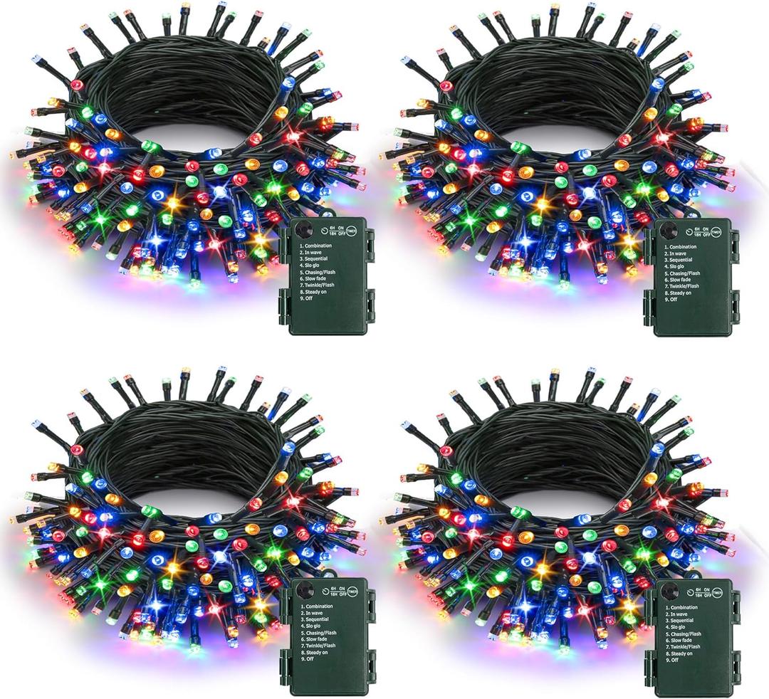 Battery Operated Christmas Lights - 4 Pack Total 66ft 200 LEDs Multicolor Christmas Lights with Timer, 8 Modes Waterproof Twinkle Lights for Indoor Outdoor Xmas Tree Wreath Party Holiday Decorations