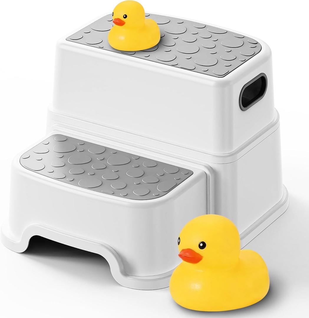 Toddler Step Stool for Potty Training, Bathroom Sink & Toilet - 2 Step Kids Poop Stool, Non-Slip Step Stool with Handles, Dual Height Stepping Stool for Kitchen Counter (Include 2 Ducks)