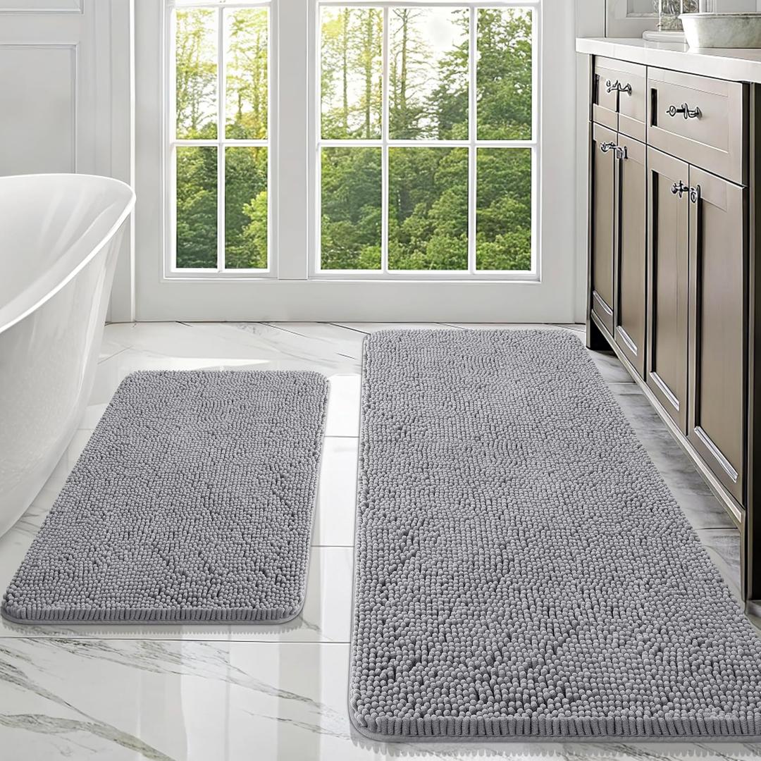 OLANLY Bathroom Rugs Sets 2 Piece, Soft Absorbent Chenille Bath Mats Area Rug Set, Non-Slip, Quick Dry, Machine Washable Bath Mats for Bathroom, Home Decor Accessories (47"x20"+30"x20", Grey)