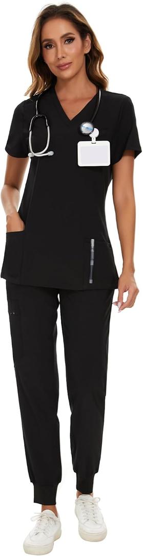 COZYFIT Scrubs for Women Set - Stretch V-Neck Scrub Top & Jogger Pant with 8 Pockets COZY SCRUBS (Black)