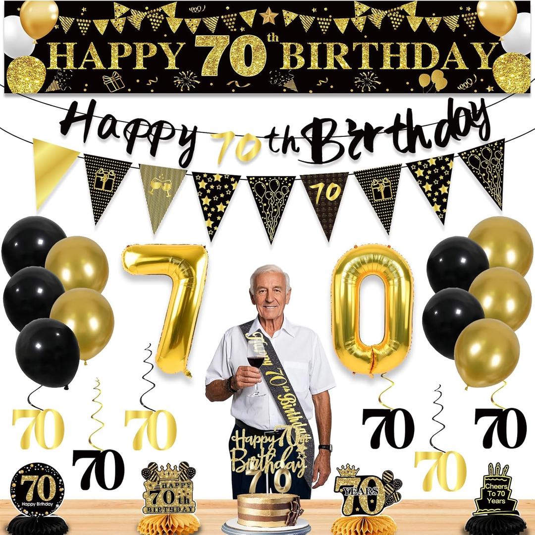 27pcs 70th Birthday Decorations for Men, Black Gold 70th Party Decorations, Happy 70th Birthday Banner Honeycomb Table Hanging Swirls Cake Topper and Balloons, 70 years old birthday decorations