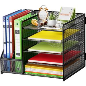 Marbrasse Desk Organizer with File Holder, 5-Tier Paper Letter Tray Organizer, Mesh Desk Organizers and Accessories with Magazine Holder, Desktop Storage for Office Supplies (Black)