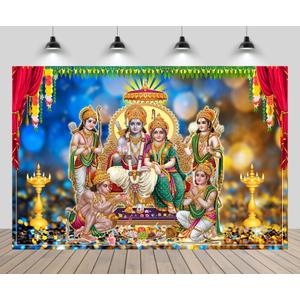 7x5ft Hindu Gods Backdrop, Indian Hindu Gods Photo Backdrop with Ram Sita Hanuman Ganesh & Marigold Puja Scenery, Indian Festival Party Decor Photo Booth Prop Wallpaper
