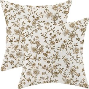 AEIOAE Brown Floral Pillow Covers 18x18 Inch Set of 2, Chinoiserie Cream Vintage Flower Throw Pillows Case, Boho Spring Outdoor Decorative Farmhouse Decor Cushion Covers for Home Sofa Bed Couch
