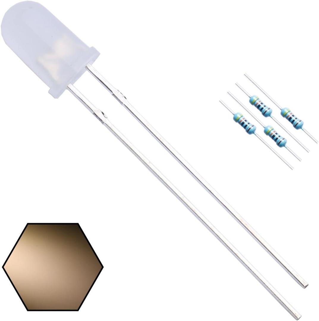 100pcs 5mm Warm White Lights LED Diodes (White Lens) Diffused Round Lens 29mm Long Lead (DC 3V) +100pcs Resistors (for DC 6-12V) Included,Bulb Lamps Light Emitting Diode