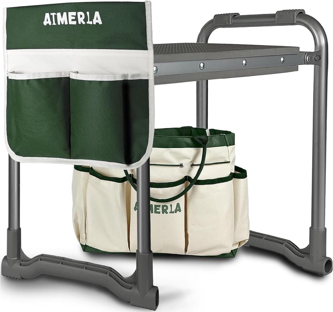 Aimerla Foldable Garden Kneeler Seat Heavy Duty [Upgraded Widened Thick Kneeling Pad] Gardening Stool with Large Tool Bags with Pockets - Portable Garden Bench Gardening Gifts for Parents. 21.6"D x 11.8"W x 17.32"H