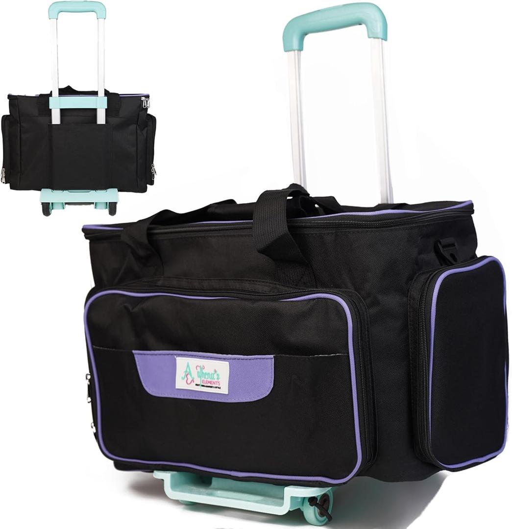 Athena's Rolling Sewing Machine Case with 4 Wheels, Sewing Machine Carrying Case, Black with Purple Trim, Detachable Rolling Dolly, Multiple Storage Compartments, Standard Size (Jet Black)
