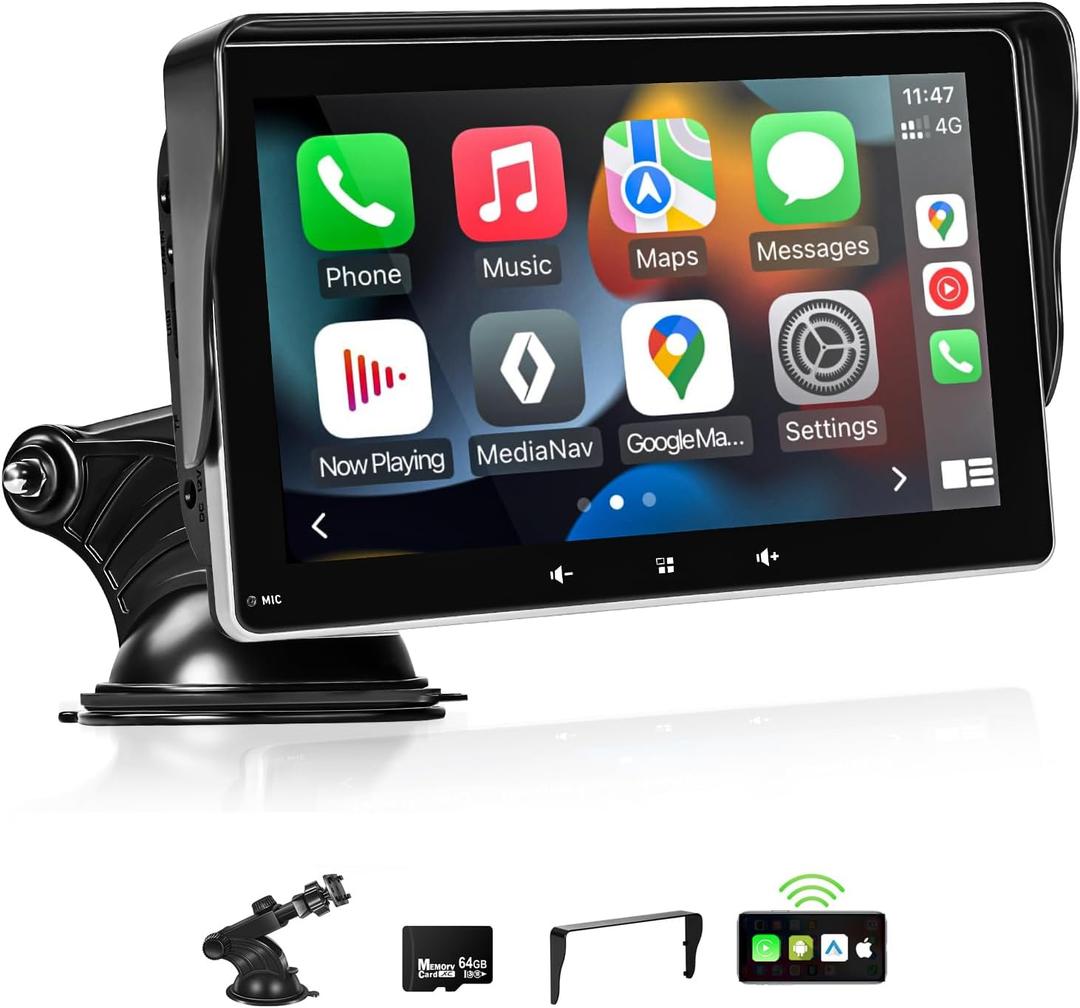 Apple Carplay Screen for Car, 7" Wireless Carplay & Android Auto Car Stereo, Portable Touchscreen with Mirror Link/GPS Navigation/AUX/Voice Control/Bluetooth for All Vehicles
