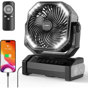 20000mAh Rechargeable Camping Fan - Battery Operated Fan with Light & Remote, Auto Oscillating, 4 Timer, 60 Hrs Work Cordless Tent Fan for Travel Outdoor RV Garage Power Outage Emergency (D12-Black)