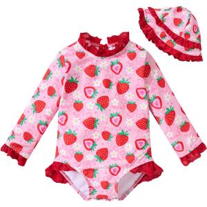 Baby Girl UPF 50+ Swimsuit Long-Sleeve Quick-Dry Bathing Suit | Rash Guard with Hat One Piece Swimwear for 3-24M