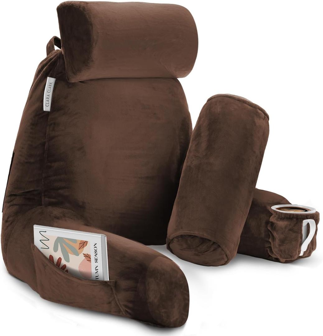 Clara Clark Reading Pillow with Shredded Memory Foam Includes 2 Neck and Lumber Support Pillows, Designed for Sitting Up in Bed and Couch, Back and Arms Adjustable Support for Adults, Chocolate Brown XL