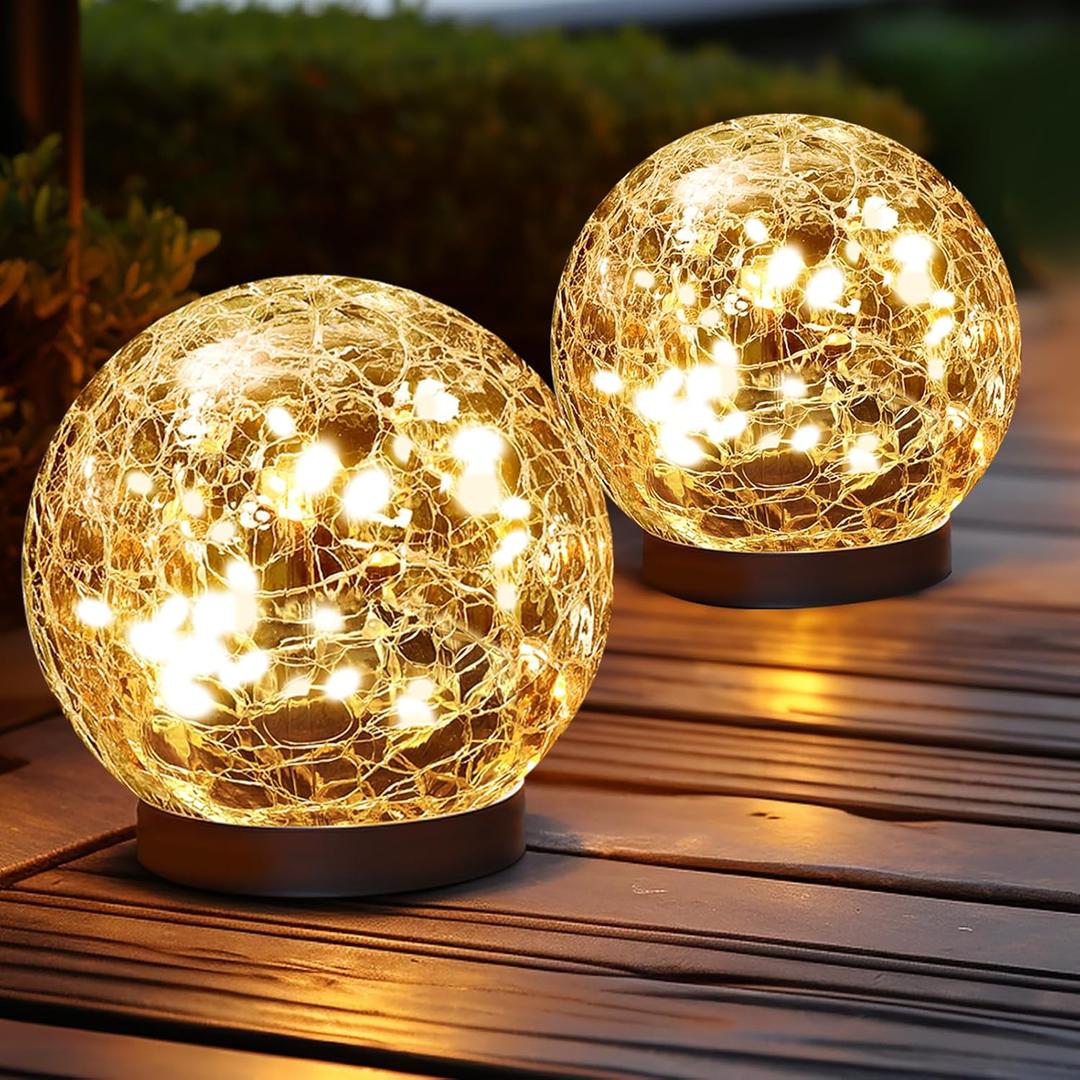 Solar Globe Lights Outdoor Waterproof-Solar Balls Garden-Cracked Glass Ball Solar Lights Outdoor-Solar Orbs Outside-Outdoor Decorations Patio & Yard Lawn Backyard Decor (GUO-XBQ-5-5-5) (Warm White)