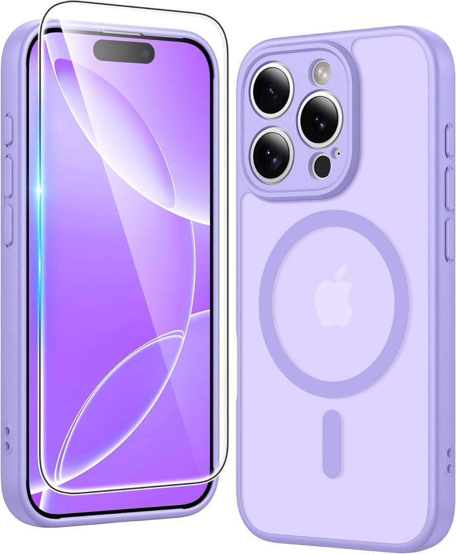FNTCASE for iPhone 16 Pro Case: Matte Magnetic Phone Cases with Screen Protector Compatible with Magsafe Slim Anti Yellowing Rugged Shockproof Protective Translucent Cell Phone Cover (C-Purple)